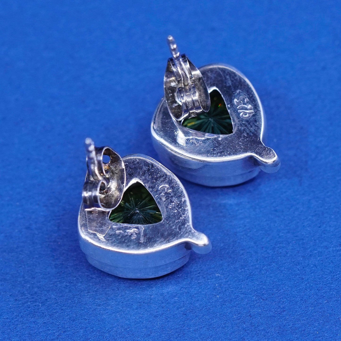 Vintage mega shiny sterling silver handmade earrings, 925 studs with peridot