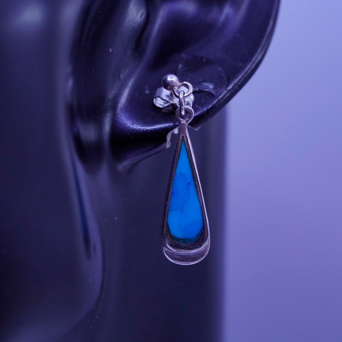 Vintage Sterling 925 silver handmade earrings with teardrop turquoise