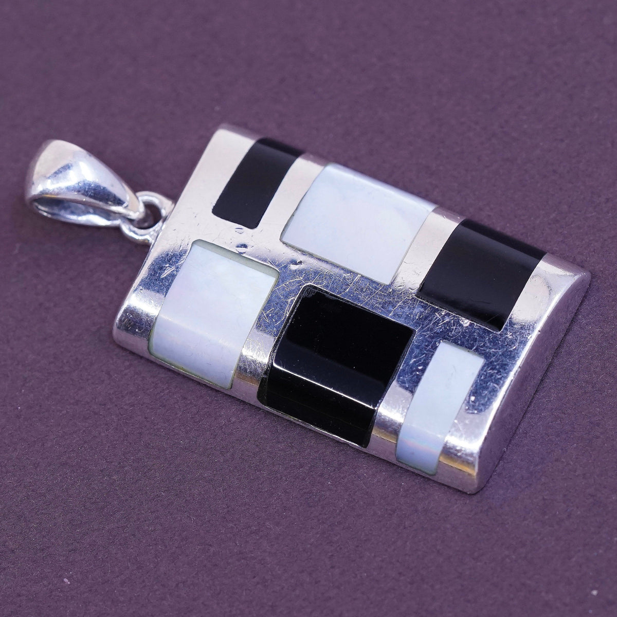 vtg Sterling 925 silver Jazz pendant w/ obsidian N mother of pearl