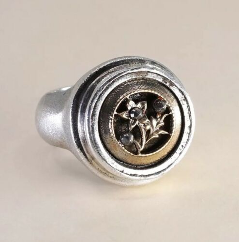 Size 7, Vtg Two Tone Sterling 925 Silver Handmade Statement Flower Ring, Signed