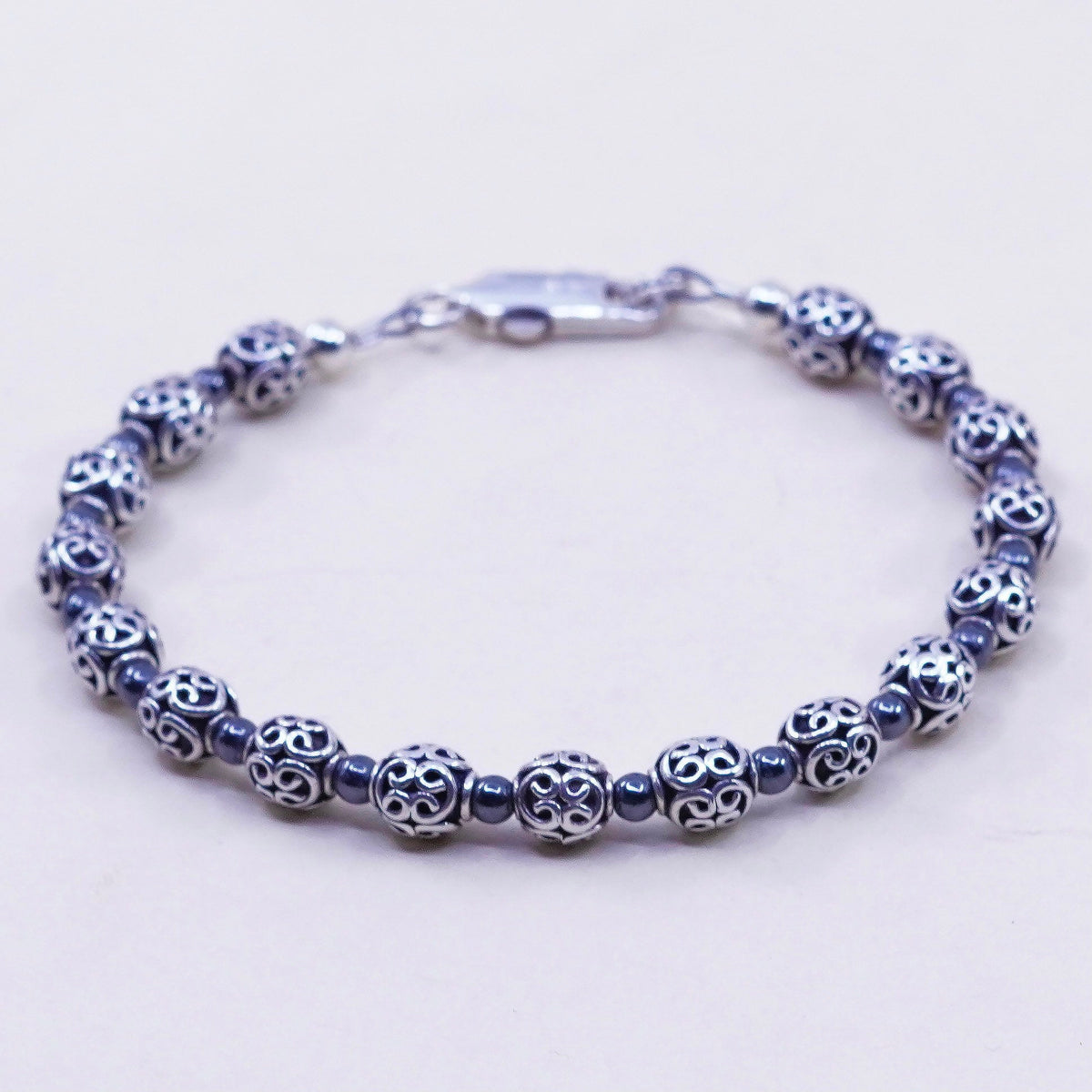 6.5”, Vintage sterling silver bracelet, filigree 925 beads bracelet, jewelry