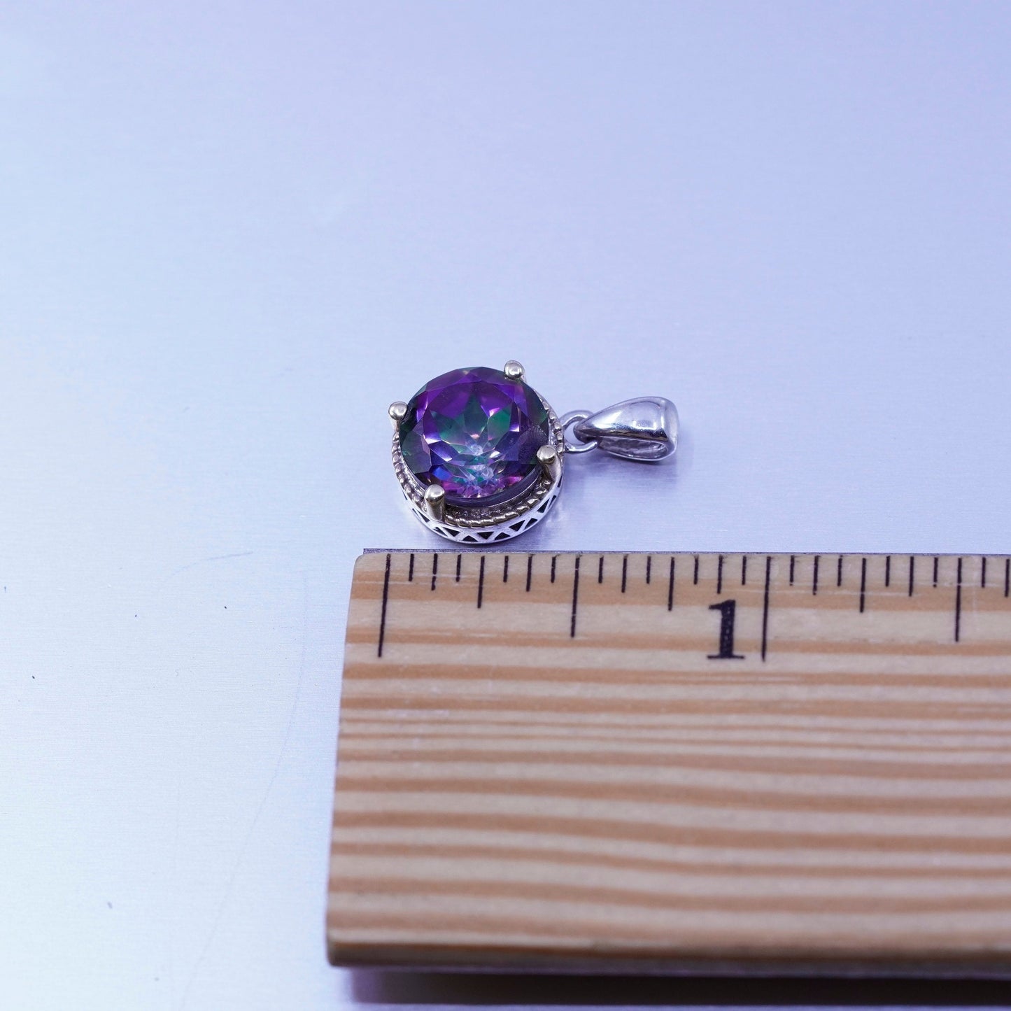 antique 14K gold trim sterling 925 silver heart pendant w/ rainbow topaz cable