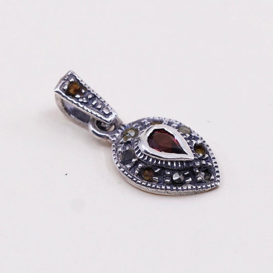 Vintage Sterling silver handmade pendant, 925 teardrop with ruby N marcasite