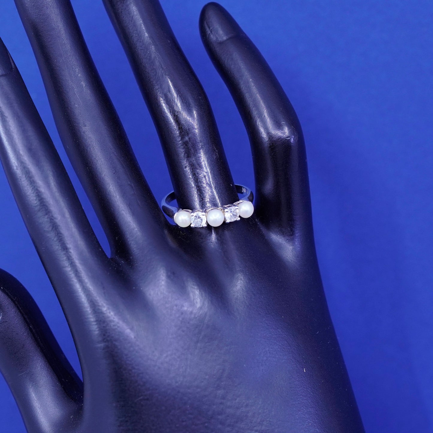 Size 9.5, vintage sterling silver handmade ring, 925 band with pearls and Cz