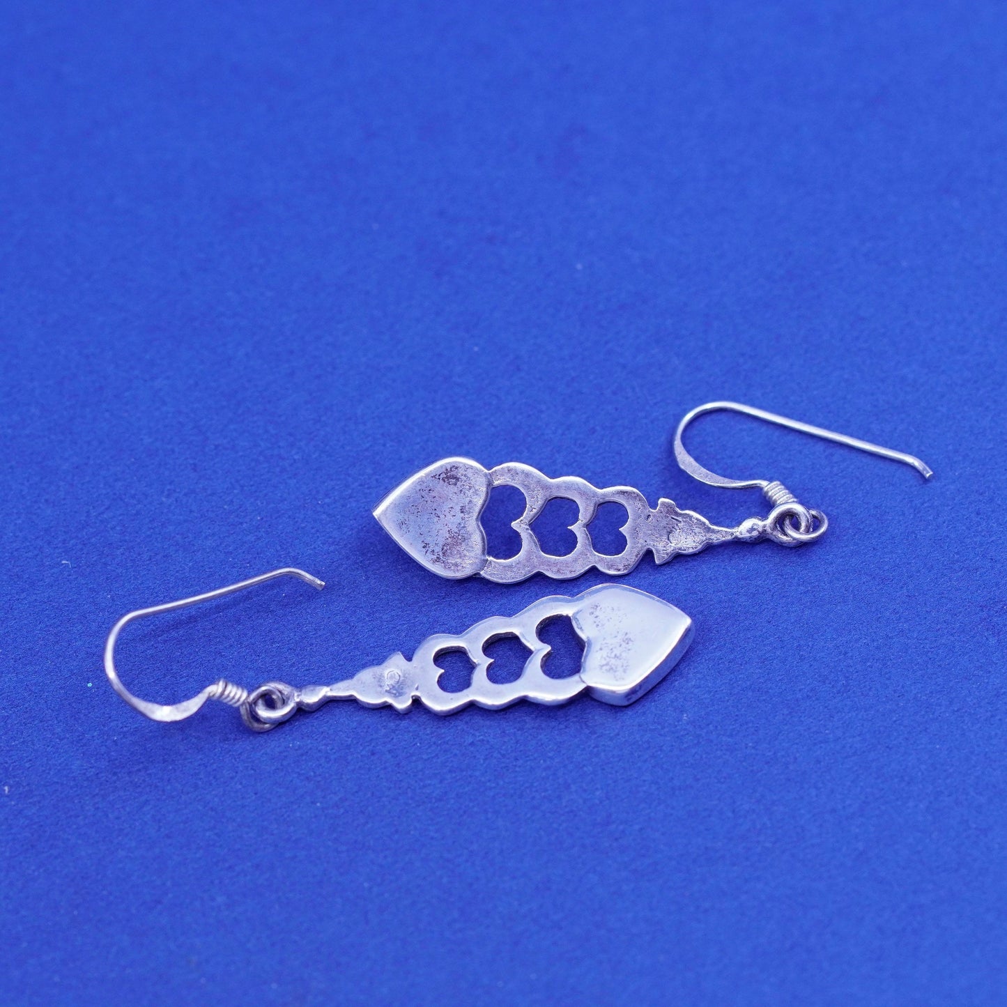 Vintage Sterling silver handmade earrings, 925 heart with obsidian