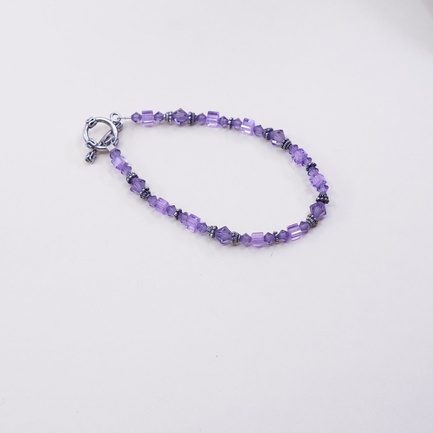 7.25” Vintage Sterling silver handmade bracelet, amethyst crystal beads