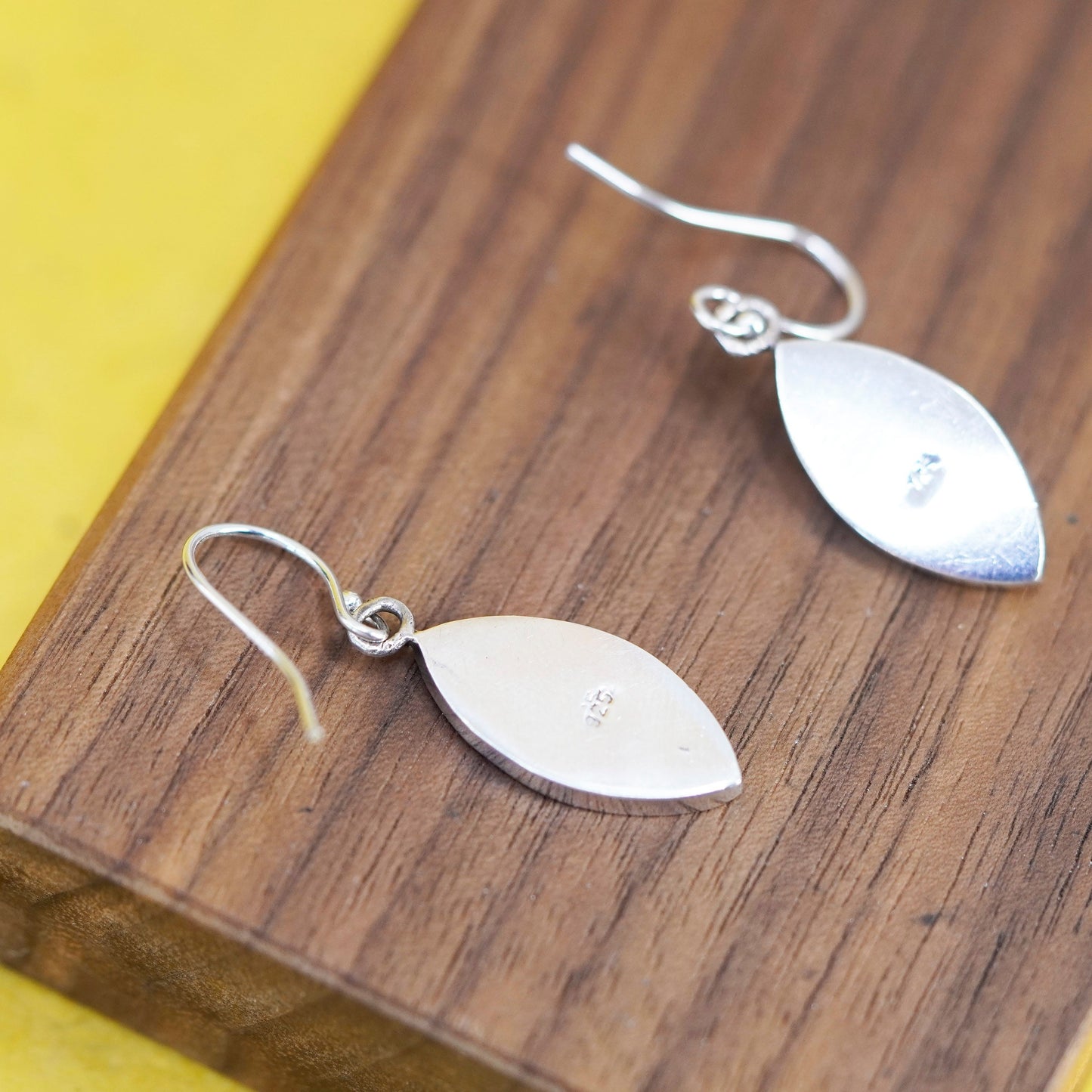 Sterling silver handmade earrings, 925 marquise shaped dangles mother of pearl