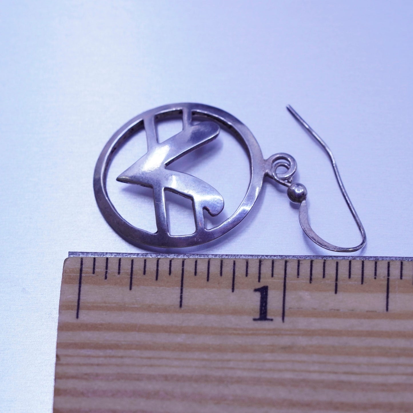 vintage Sterling silver handmade earrings, 925 circle dangles with initial “V”