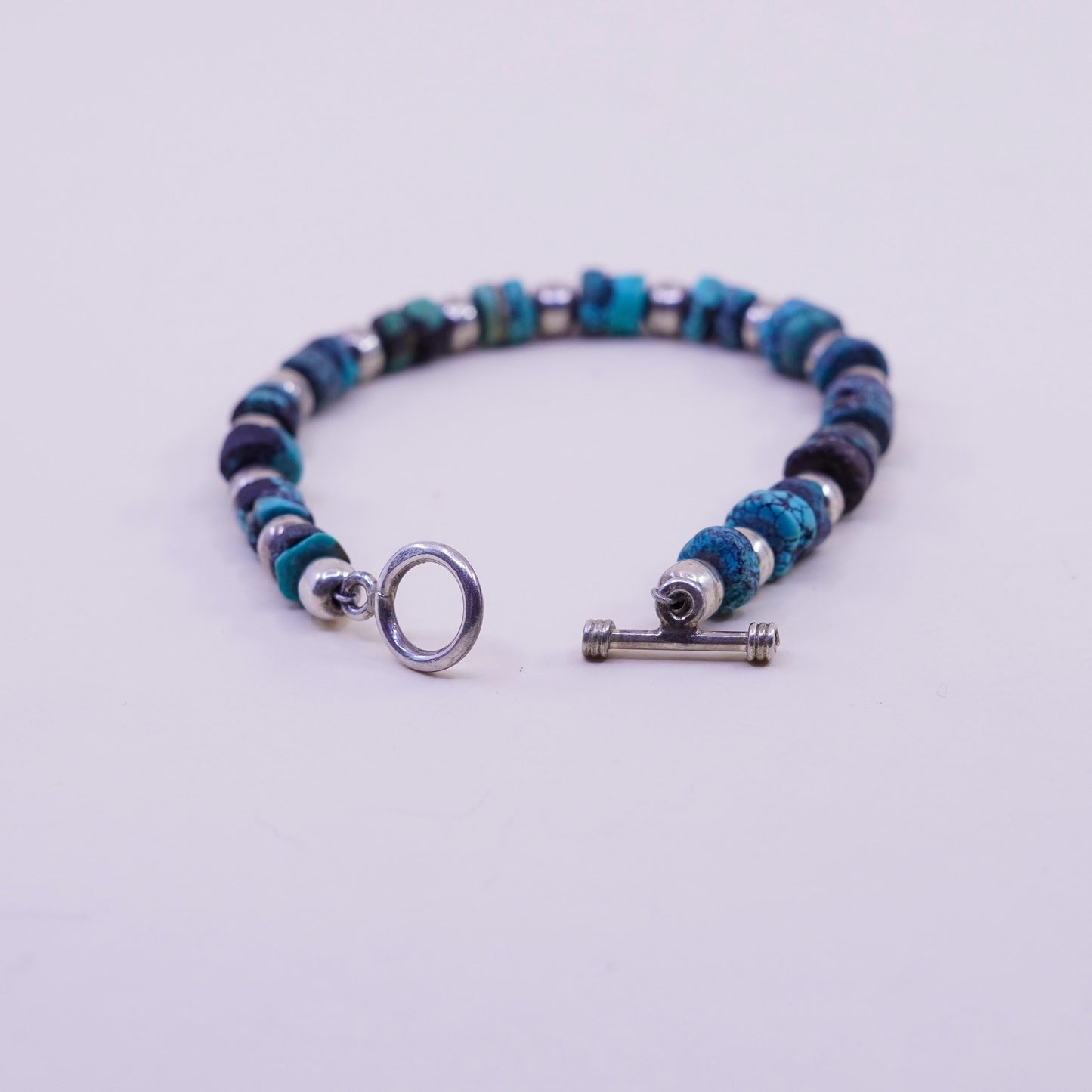 7”, Native American Sterling 925 silver heishi bracelet spiderweb turquoise