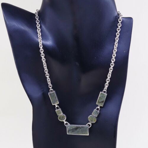 18”, 4mm, Vtg Handmade Sterling 925 Silver Circle Chain W/ Green Agate Inlay