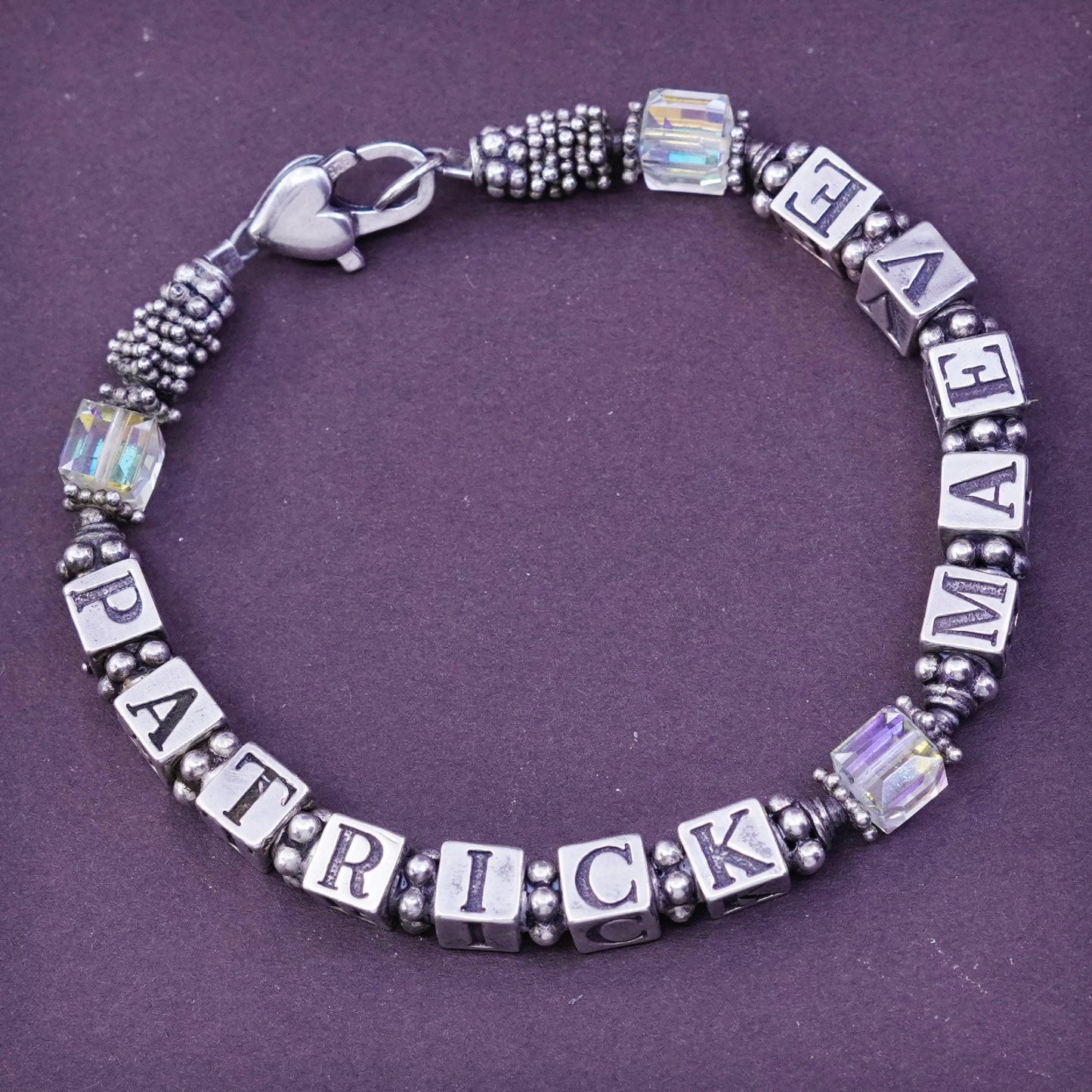 6.5”, Sterling 925 silver handmade bracelet cz beads name Patrick Maeve cubes