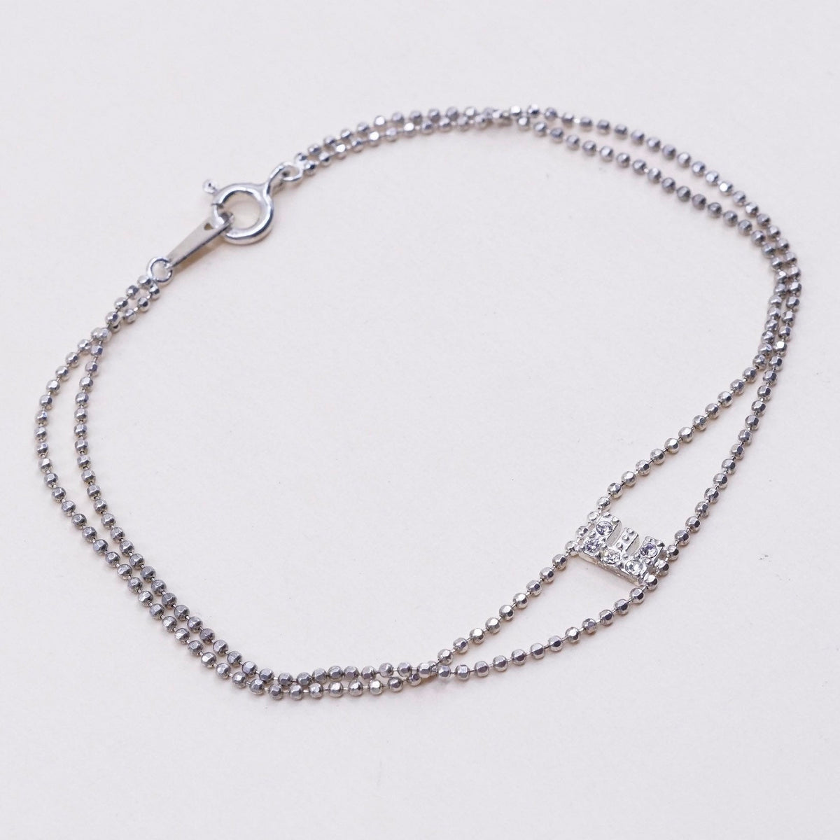 7”, 1mm, vtg sterling silver bracelet, double 925 beads with initial E and Cz