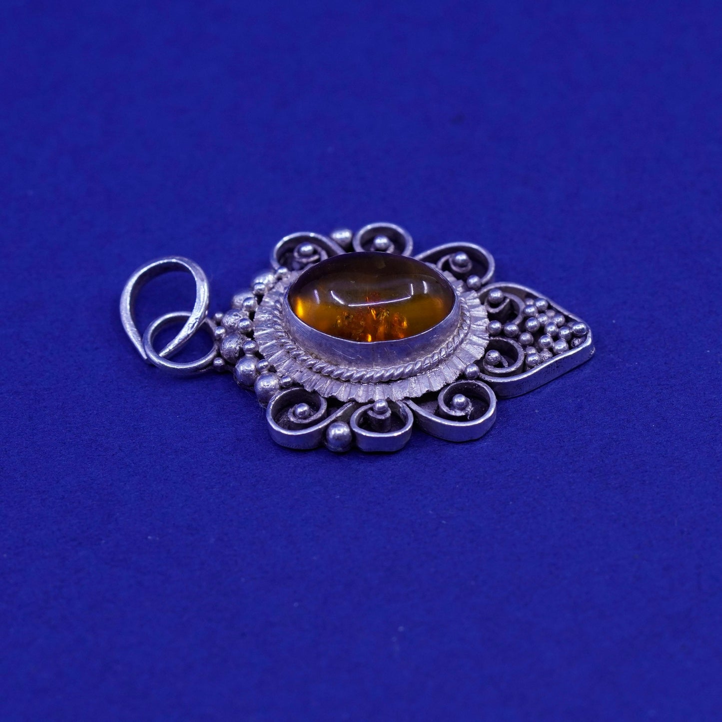 Vintage Sterling 925 silver handmade pendant with amber and beads