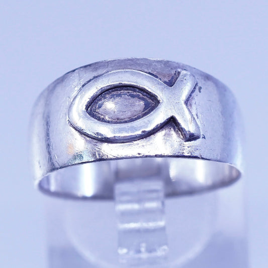 Size 8.25, vtg southwestern Sterling 925 silver handmade ring, modern fish band