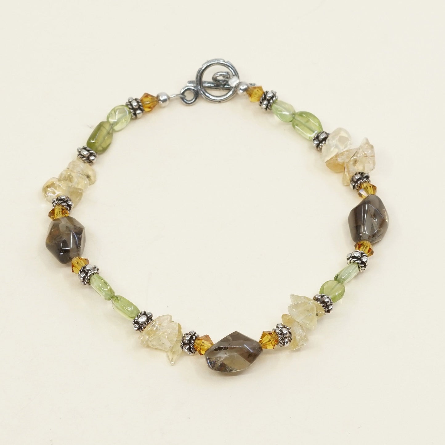7.25" vtg sterling silver handmade bracelet amethyst, Citrine N peridot beads