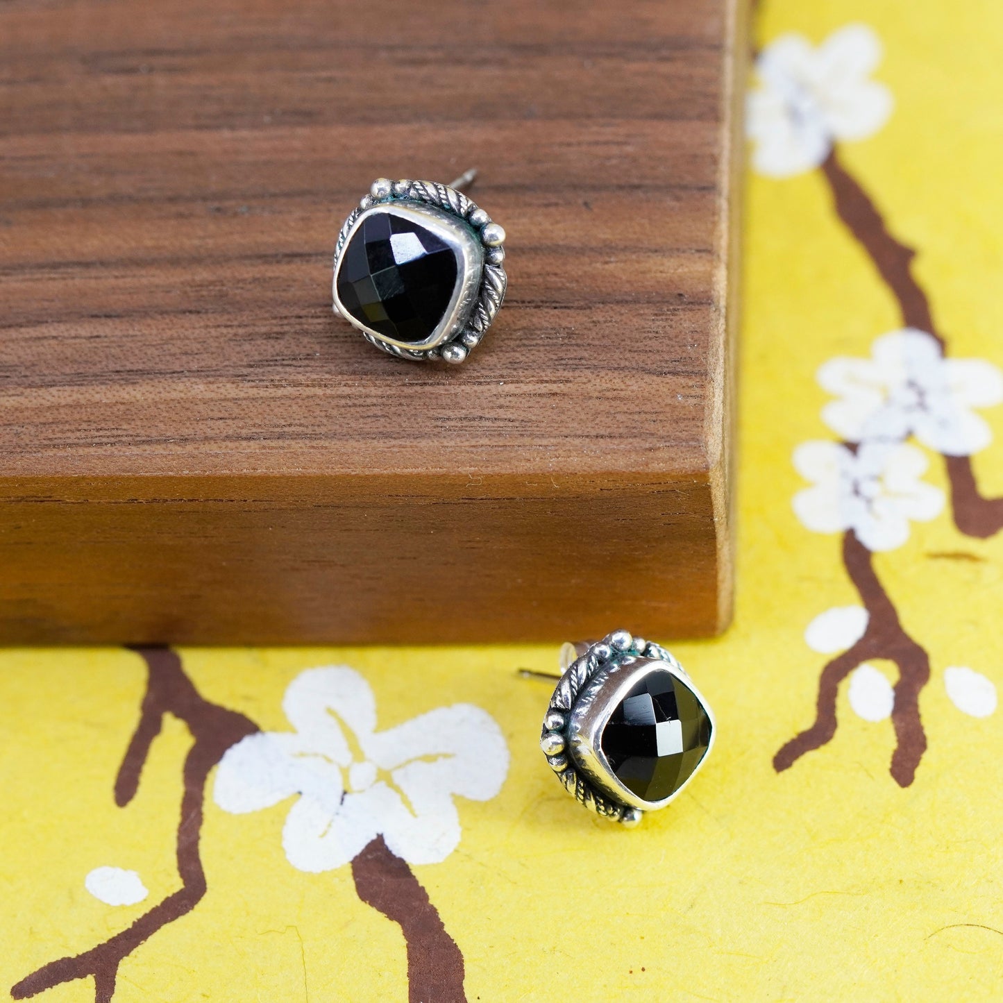 Lori Bonn Sterling Silver Handmade earrings, square 925 studs checker obsidian