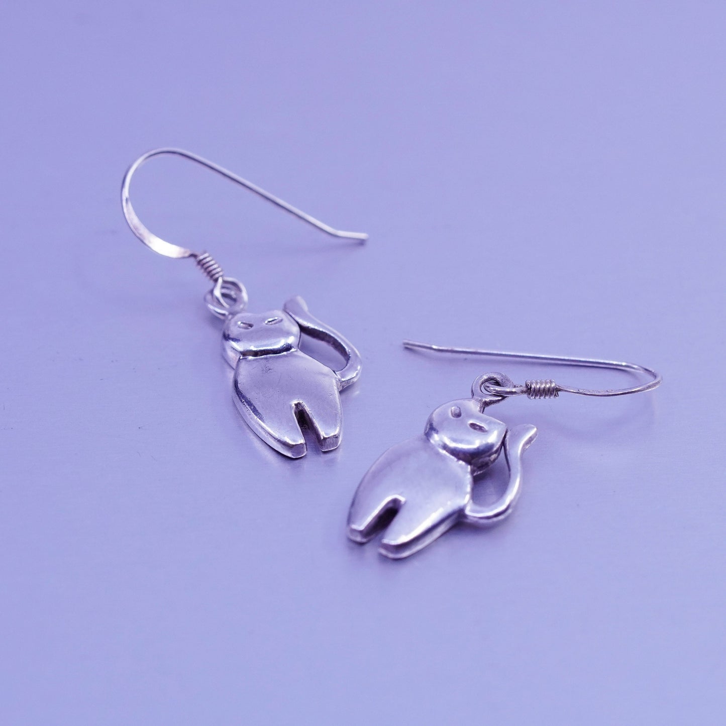 vintage Sterling silver handmade earrings, 925 cat kitty dangles