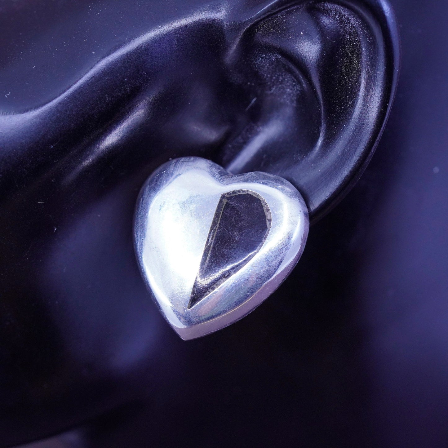 mexico Sterling silver earrings, studs, huge 925 heart studs with black onyx