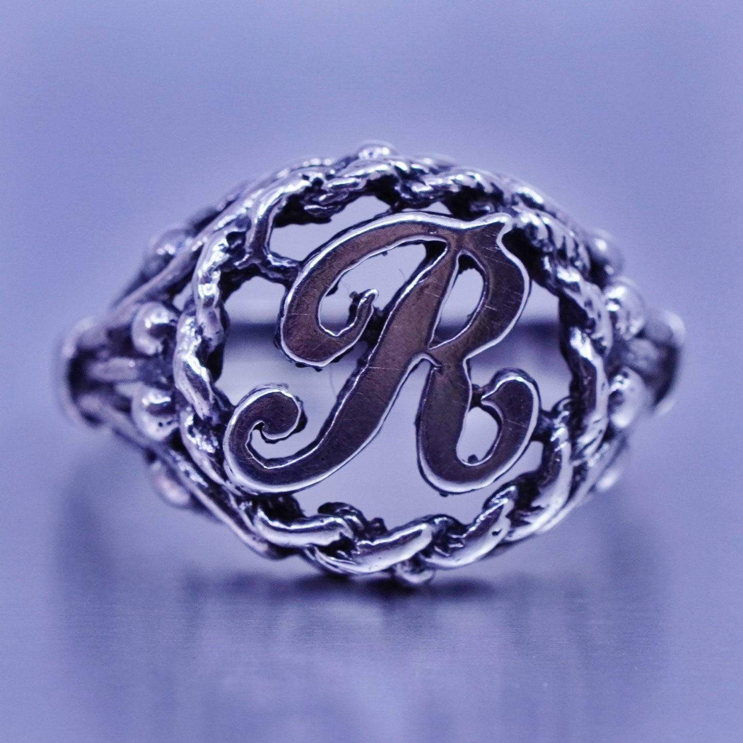 Size 5.5, vtg Sterling 925 silver stackable ring, initial letter R cable band