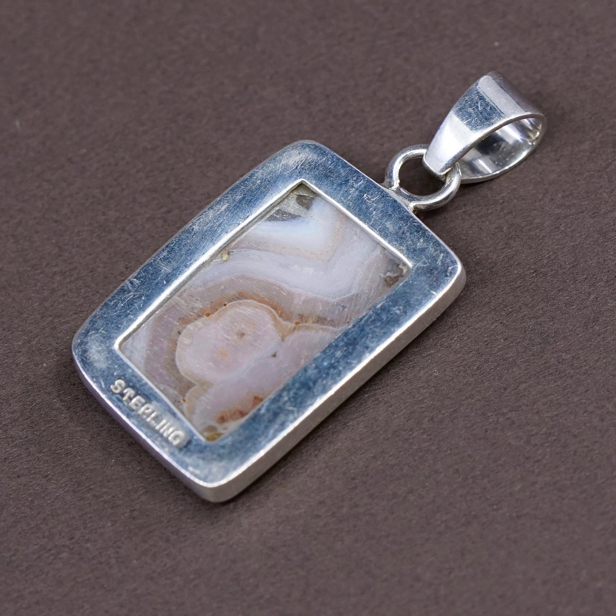 Vintage Sterling silver handmade pendant, square 925 pendant w/ lace agate