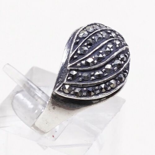 Sz 7, Vtg Sterling Silver Handmade Ring, 925 Silver Band marcasite details