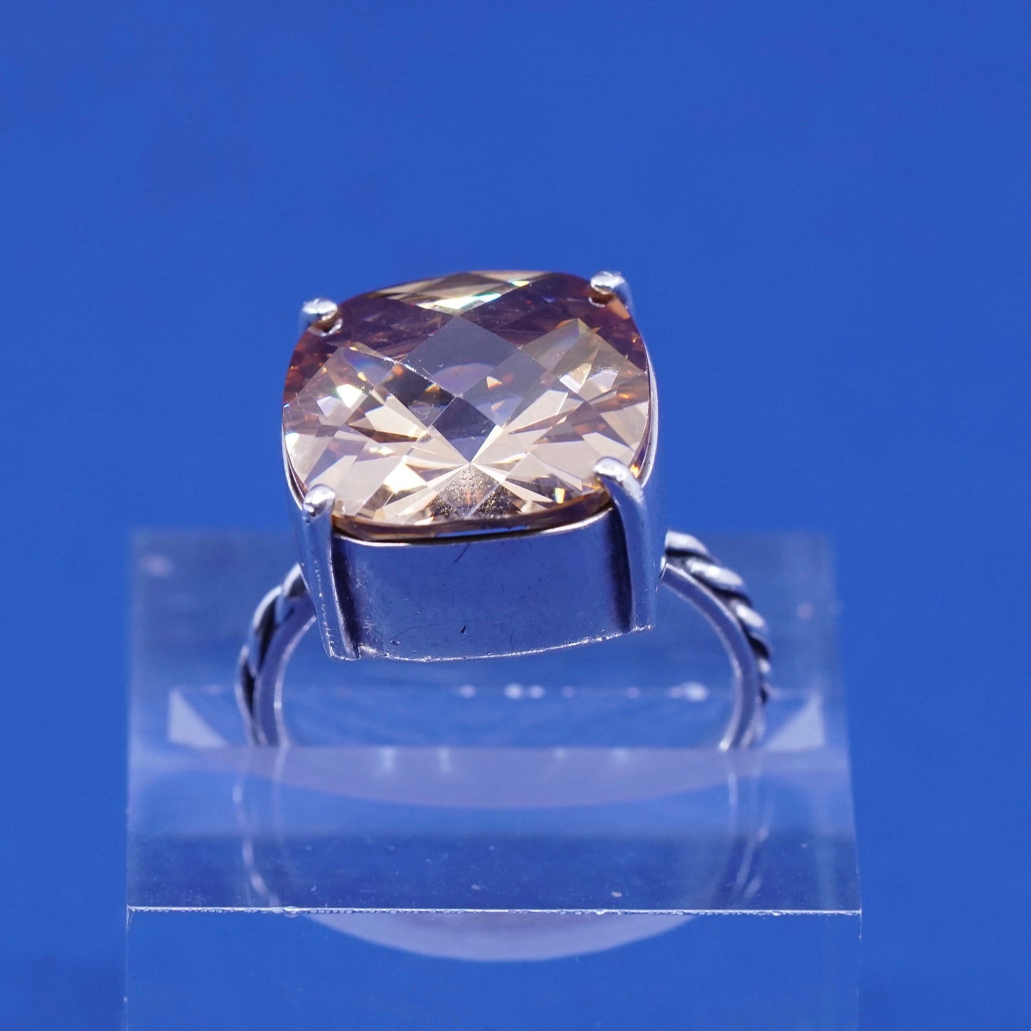 sz 7.75 vtg Sterling silver ring, 925 with cushion cut citrine N clear crystal