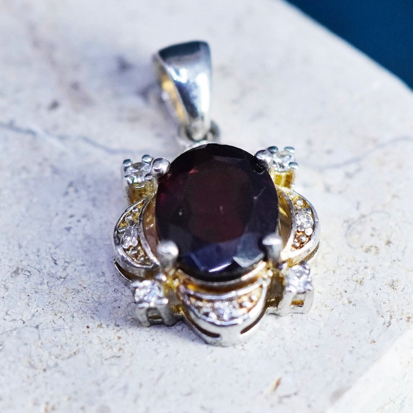Vintage Sterling 925 silver handmade pendant with ruby and cz