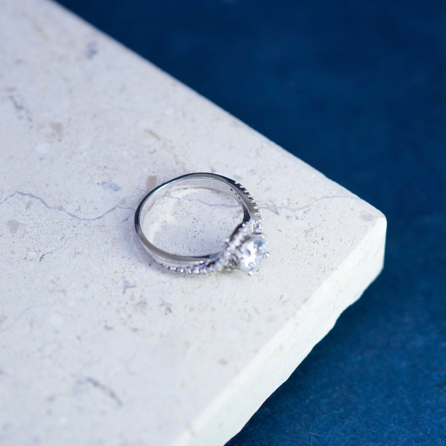 Size 6, vintage Sterling 925 silver engagement ring with cluster Cz around