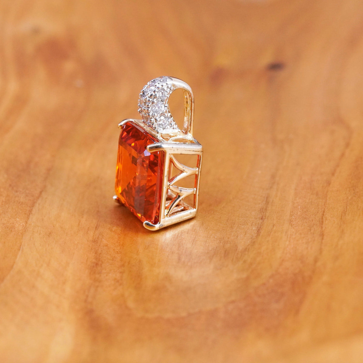 Vintage vermeil gold over Sterling 925 silver handmade pendant square quartz