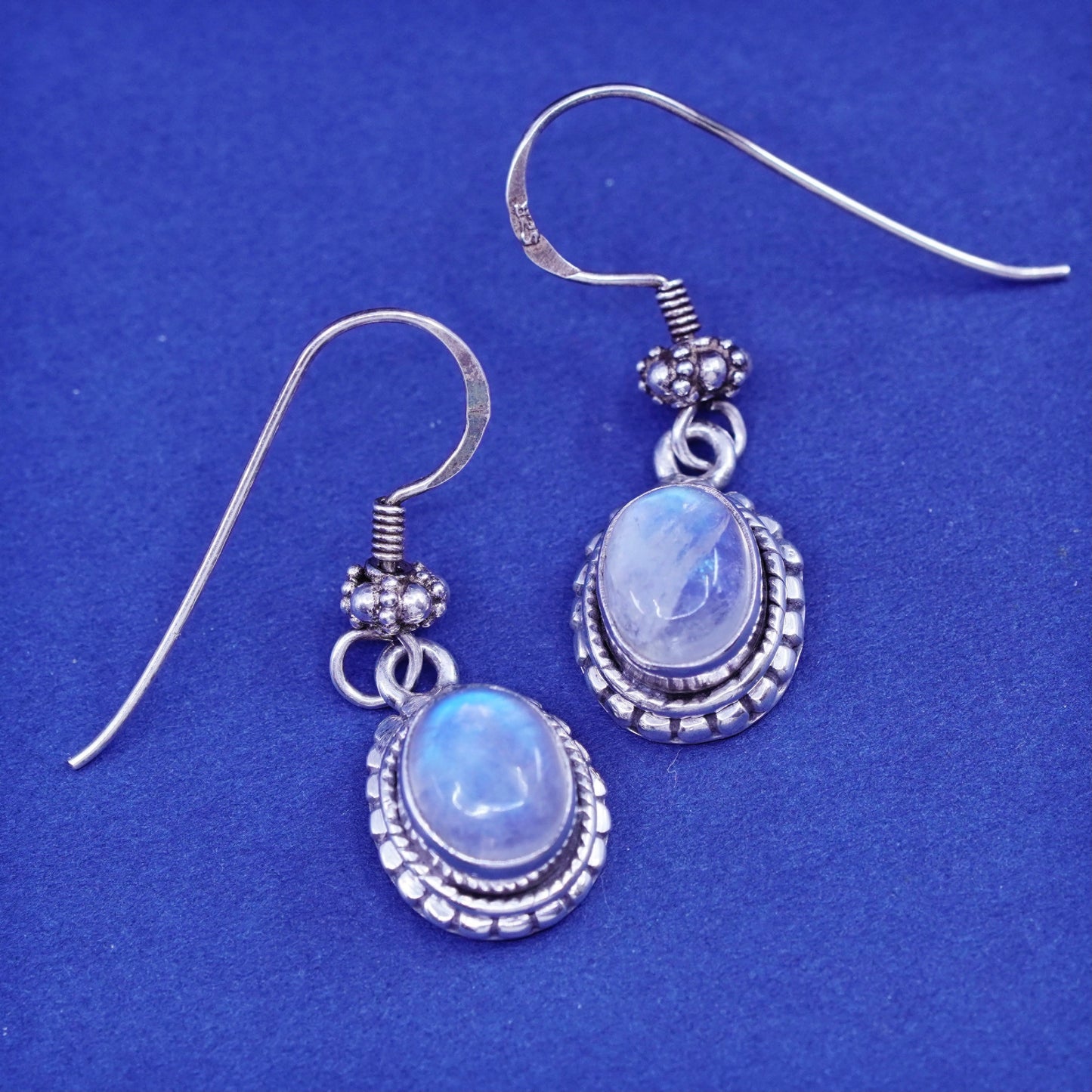 Vintage Sterling 926 silver handmade earrings with oval moonstone and beads