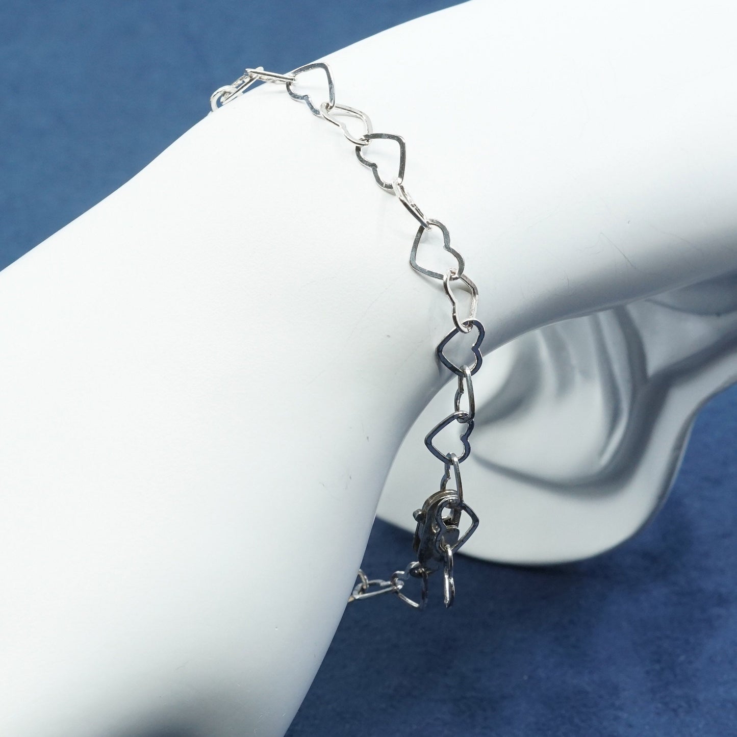 7", vtg Sterling silver handmade bracelet, 925 heart link, stamped 925