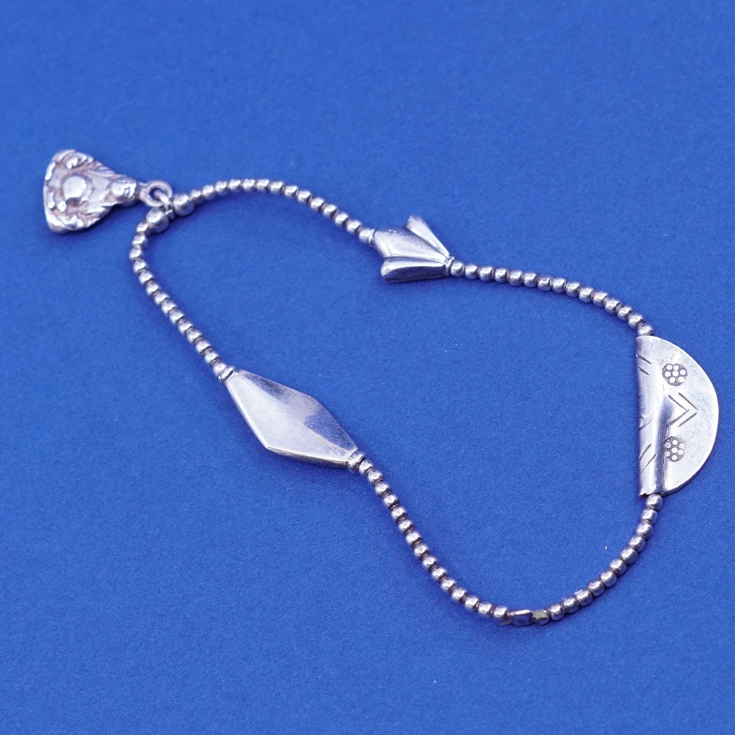 7”, vtg Sterling Silver Handmade Bracelet, 925 beads chain with Buddha charm