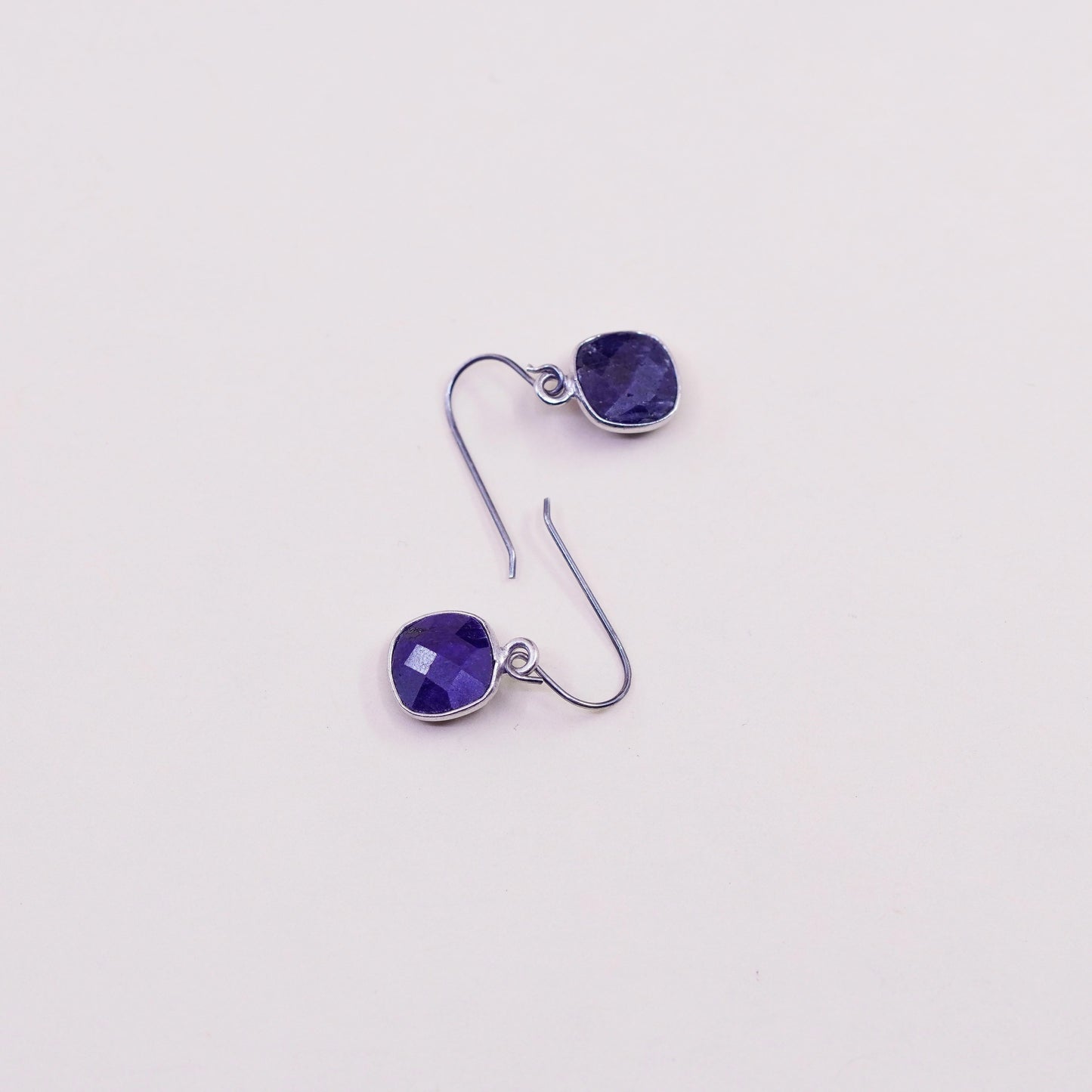 Vintage sterling silver earrings, 925 hooks with square sapphire