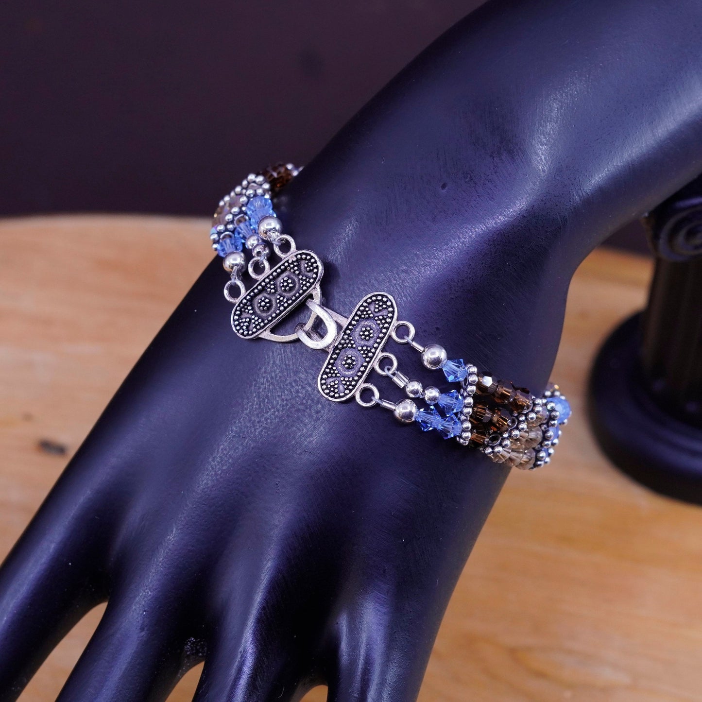 6.5”, Vintage Sterling silver handmade bracelet, 925 clasp with crystal details