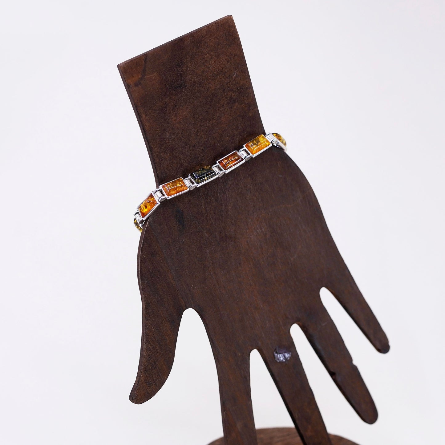 7”, Vintage sterling 925 silver handmade tennis bracelet with amber inlay