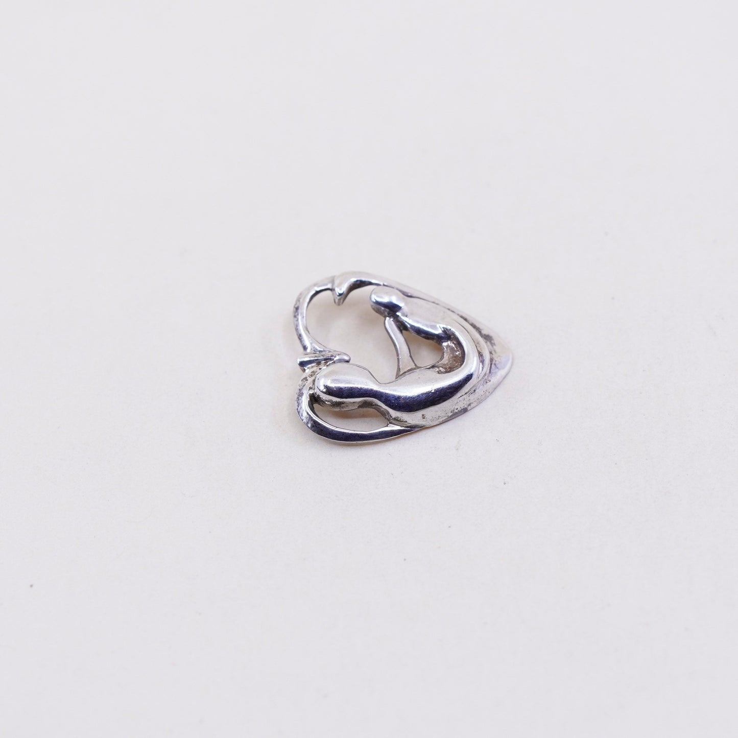 Vintage sterling silver handmade pendant, heart 925 pendant, Mother and baby
