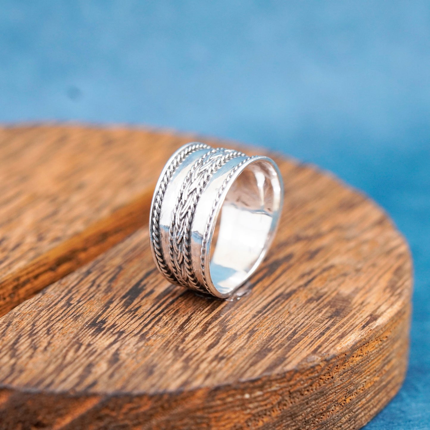 Size 8, vintage Sterling silver handmade band, wide 925 ribbed cable band