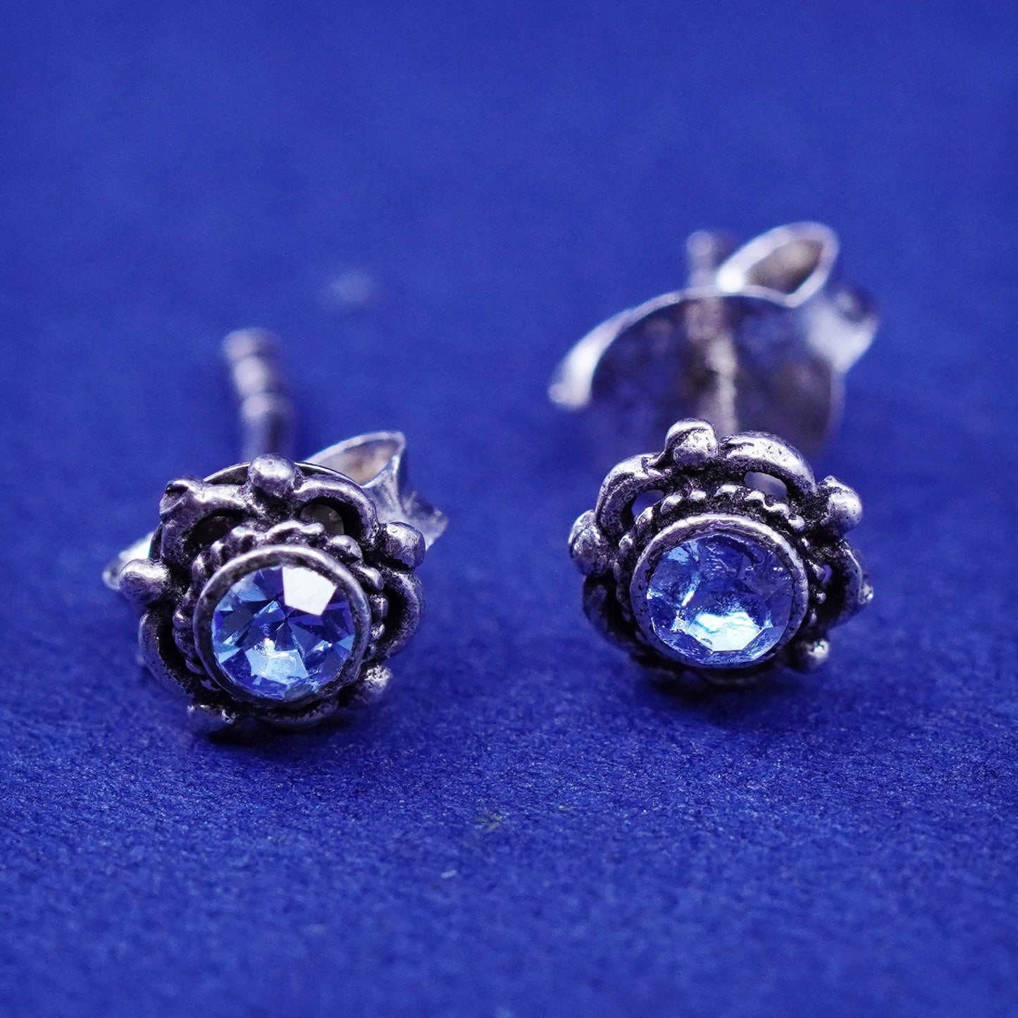 Vintage Sterling silver handmade earrings, 925 flower studs with cz