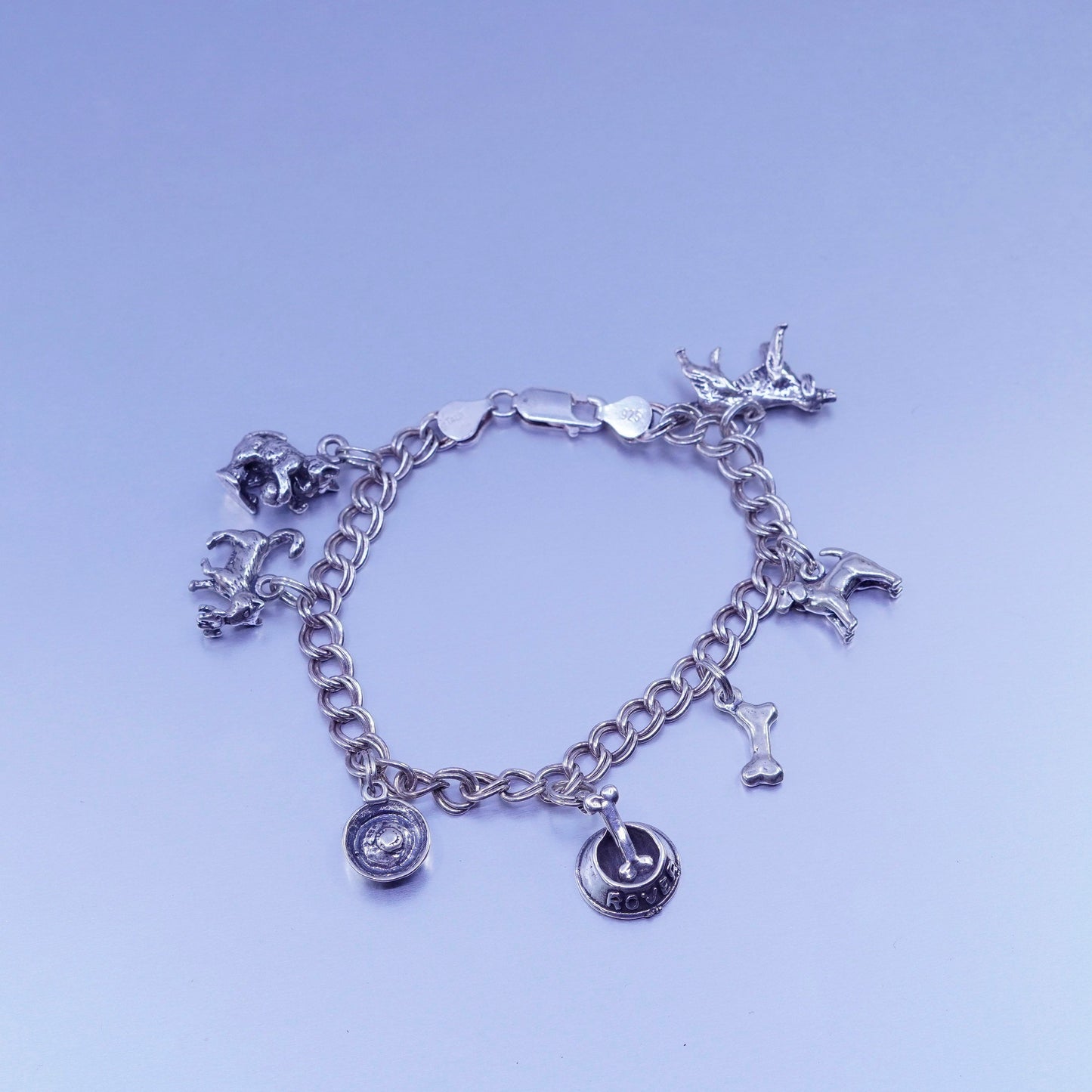 7”, Italy Sterling 925 silver bracelet curb chain dog puppy kitty cat bone bowl