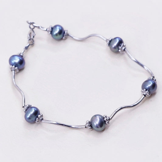 6.5”, vtg sterling silver handmade bracelet 925 wavy bar w/ black N white pearl