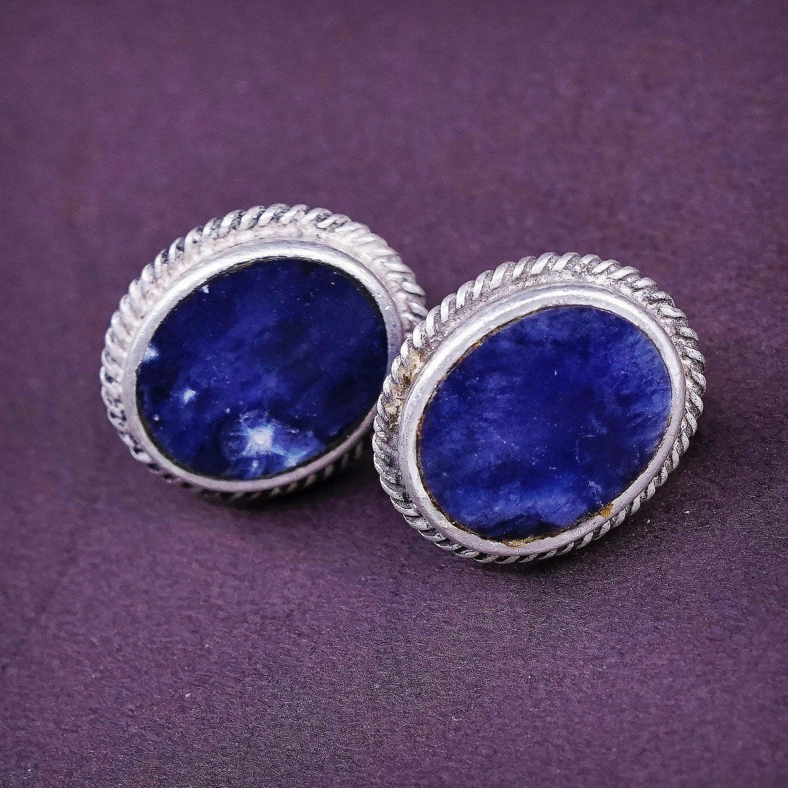 PB Sterling silver handmade earrings, southwestern 925 w/ oval Sodalite studs