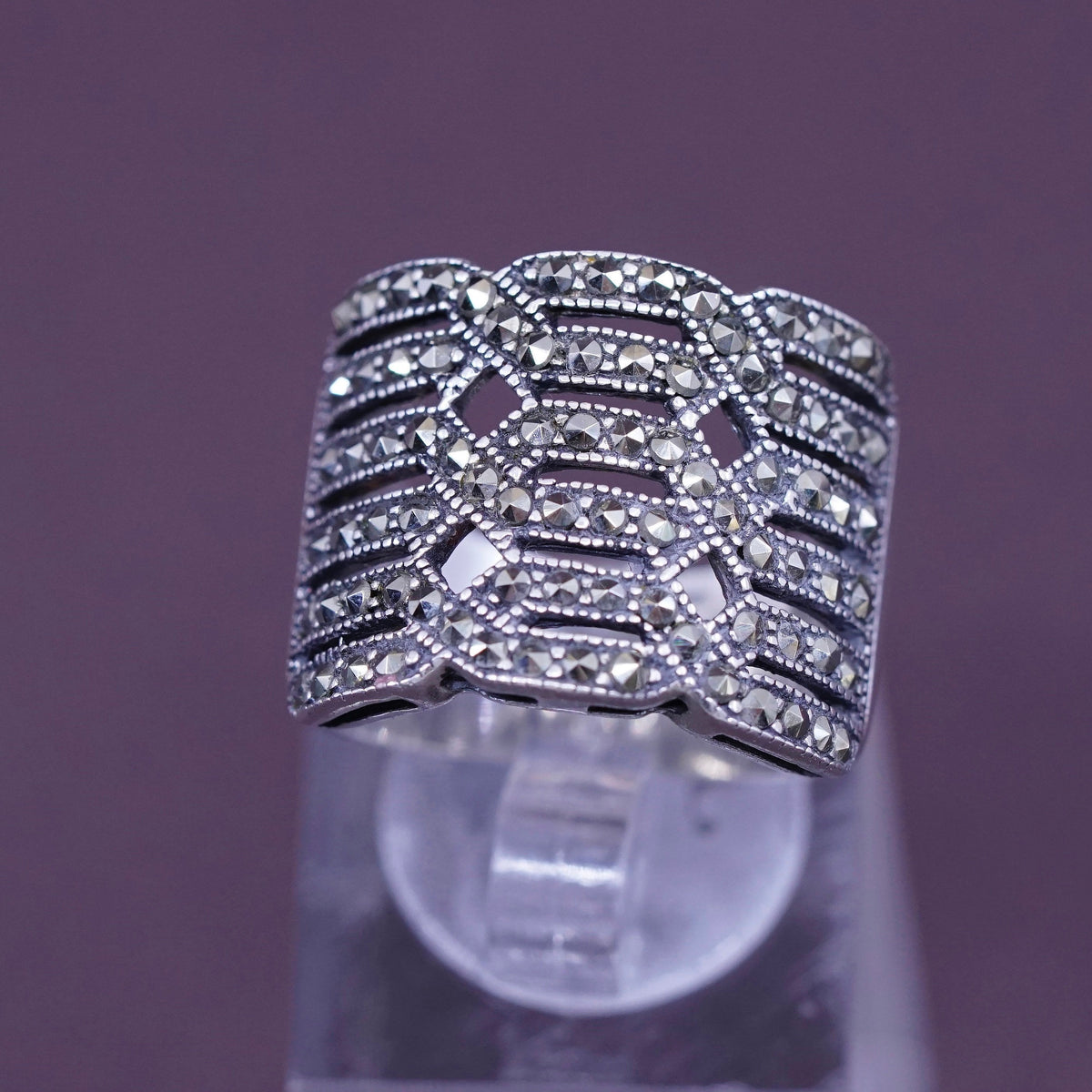 sz 7, vtg Art Deco Sterling silver handmade ring, wide 925 band with marcasite