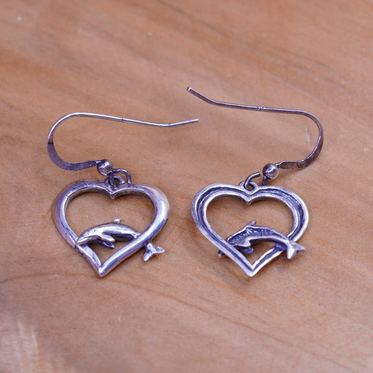 Vintage Sterling silver handmade earrings, 925 heart drops with dolphin