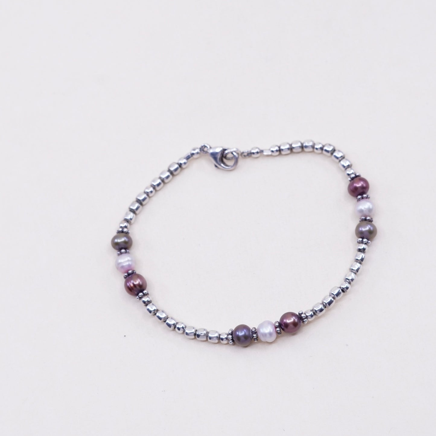 7”, vtg sterling silver handmade bracelet, 925 beads with black and white pearl
