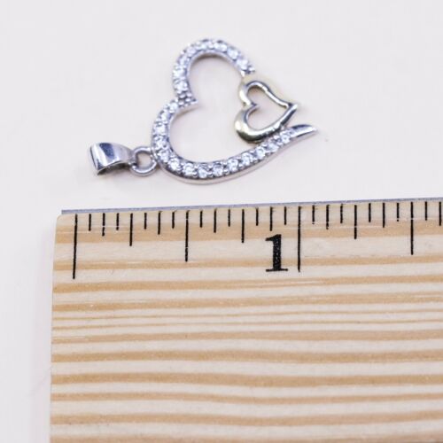 Vintage Thailand Sterling 925 Silver Double Heart Pendant W/ Cz Around