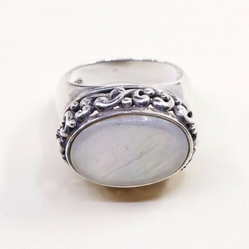 Sz 8, Vtg Southwestern Sterling Silver Handmade Ring, 925 Bali Band W/ White MOP