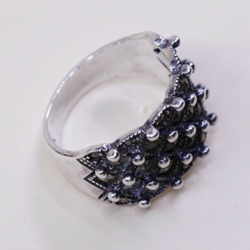 Size 6, Vtg Sterling Silver Handmade Ring, 925 Silver Band W/ Marcasite N Beads