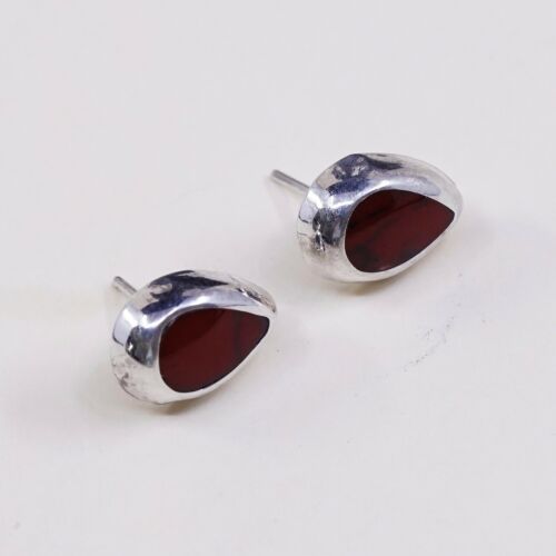 Vintage Mexico Sterling Silver Handmade Earrings, 925 Teardrop Studs W/ Jasper
