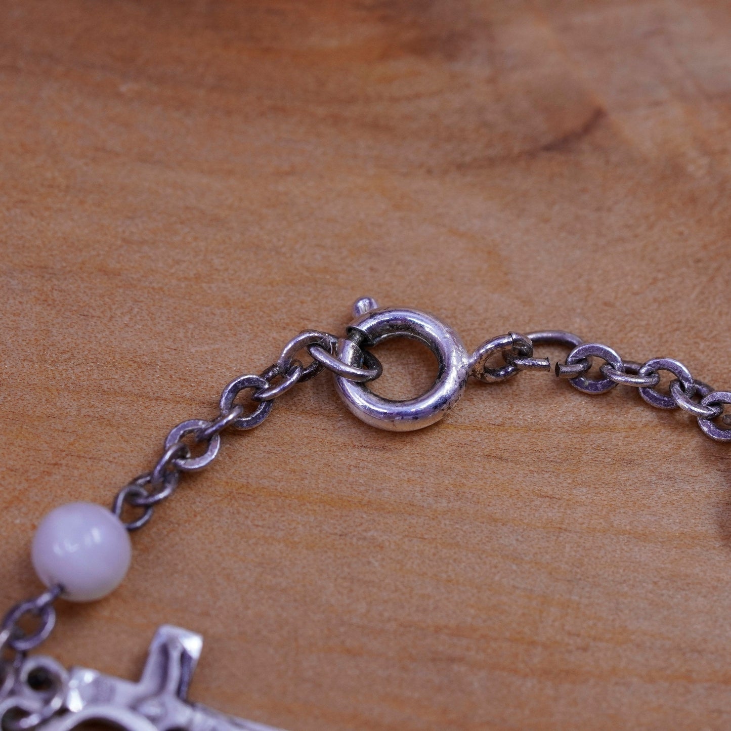 6.5”, Sterling silver bracelet, tiger eye beads chain 925 heart Jesus cross