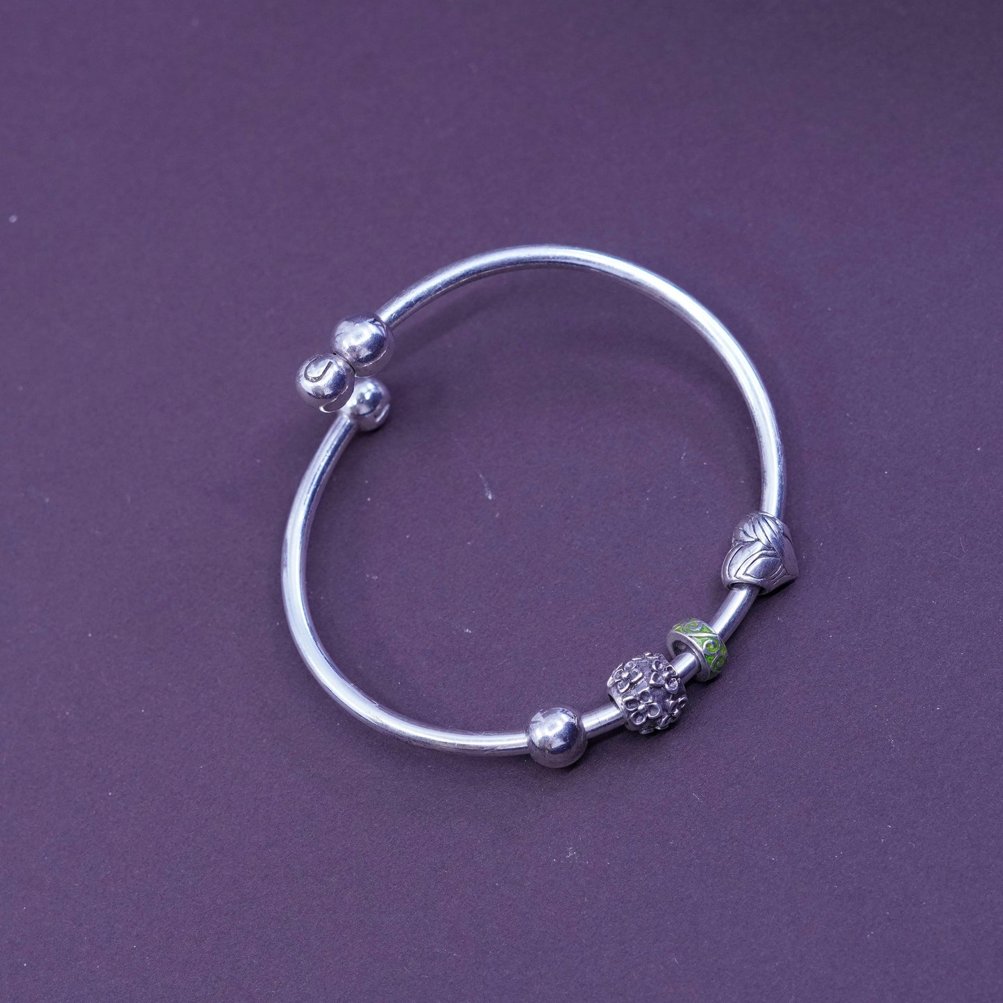 6.5”, antique sterling silver handmade bracelet, 925 wrap bangle with heart flower bead charms, stamped 925 U